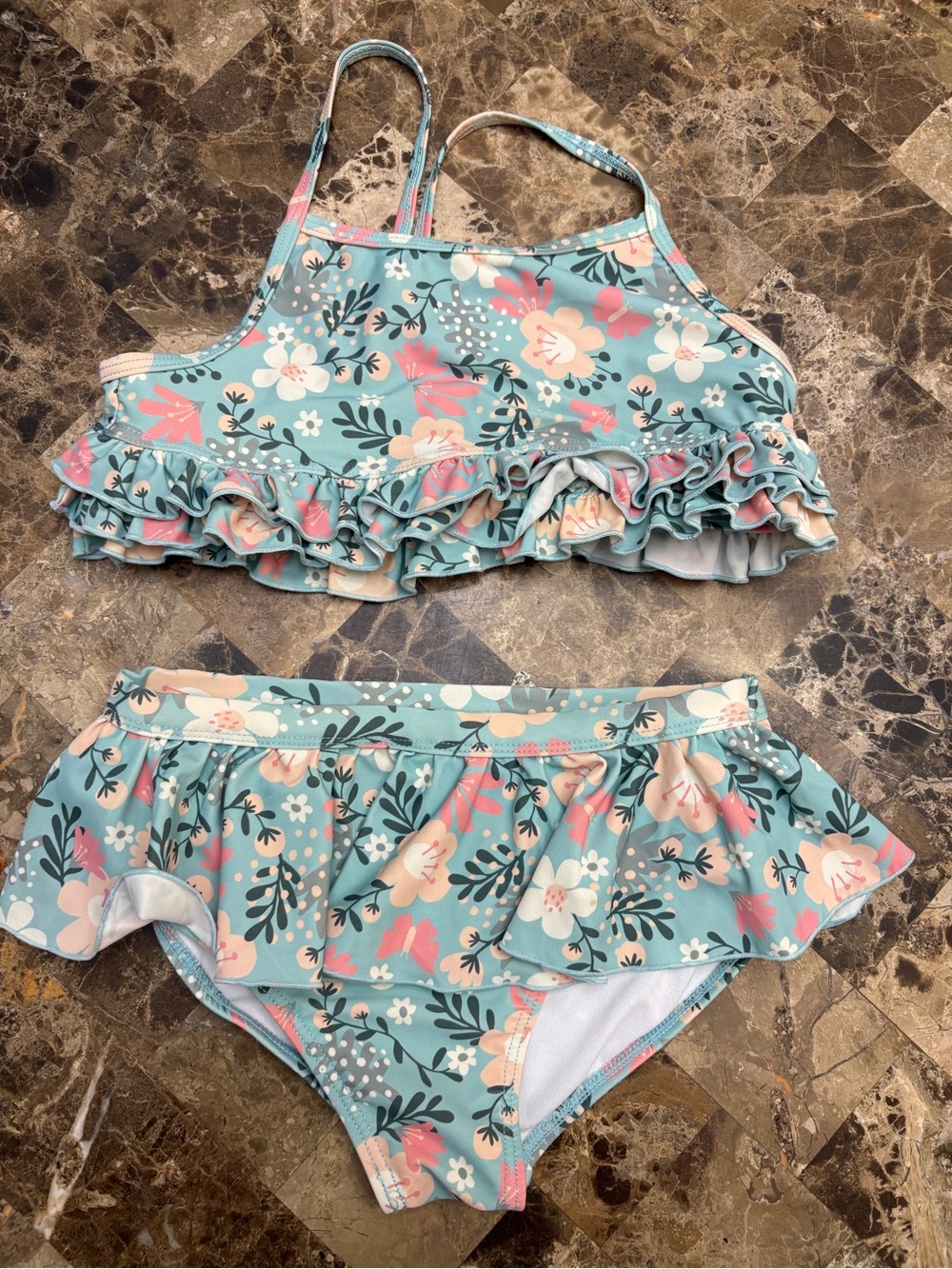 Souris mini Girls Floral Ruffle Bikini Set - Teal & Pink 8-10 years
